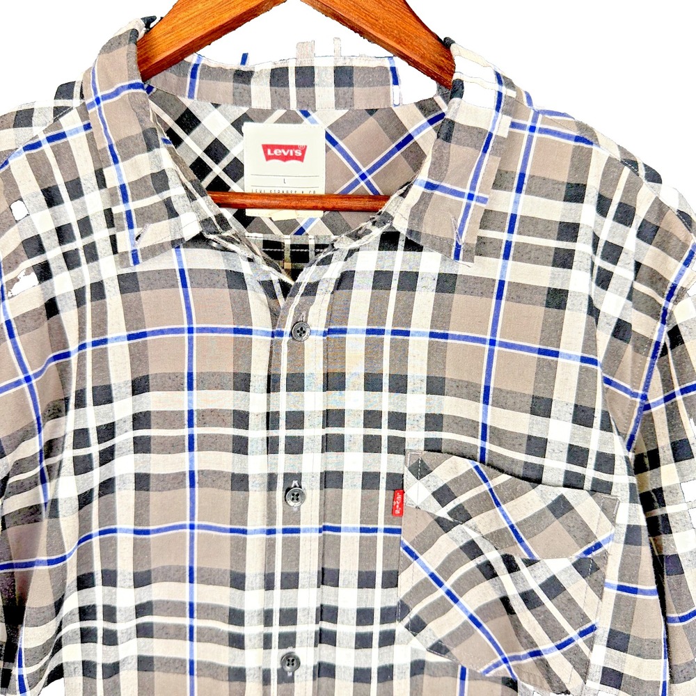 Levis Shirt Mens L Grey Plaid Long Sleeve Button Up Cotton Pocket Flannel Style